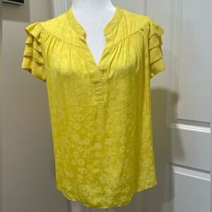 Anthropologie Current Air Yellow Flowy Ruffle Floral Textured Blouse-Medium